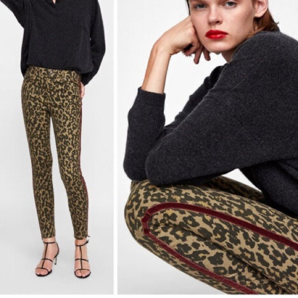 Zara Leopard Print Skinny Jeans Velvet Side Stripe Animal Print Pants US 12